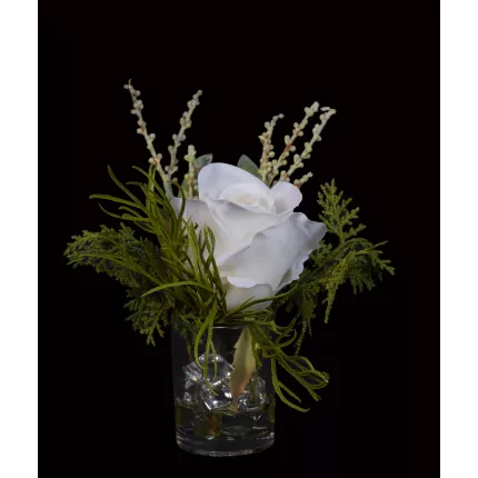 composition rose blanche artificielle dans verrerie 17 cm de face