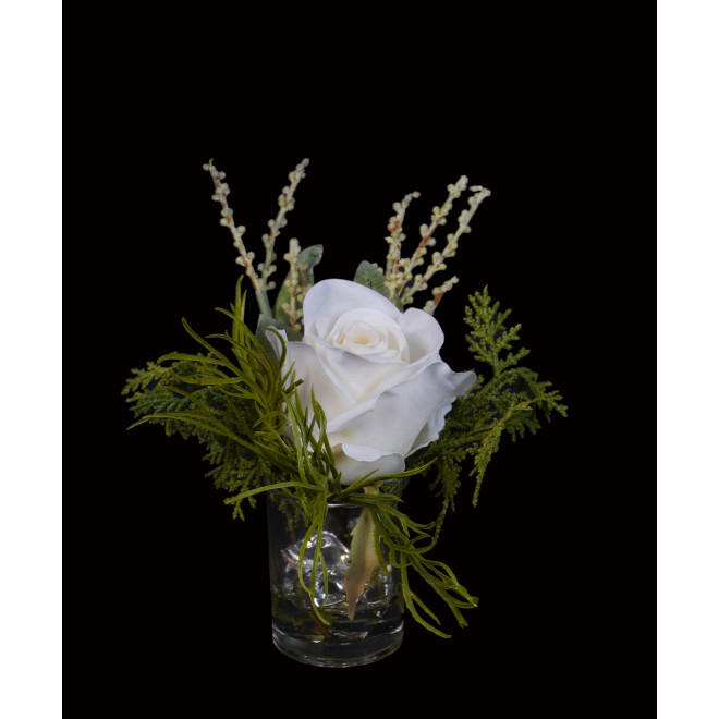 composition rose blanche artificielle dans verrerie 17 cm
