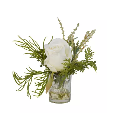 composition rose blanche artificielle dans verrerie 17 cm