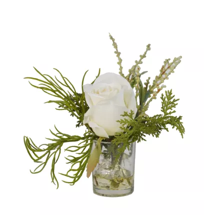 composition rose blanche artificielle dans verrerie 17 cm
