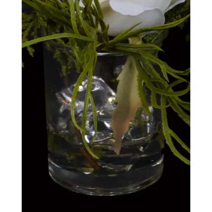 pot composition rose blanche artificielle dans verrerie 17 cm