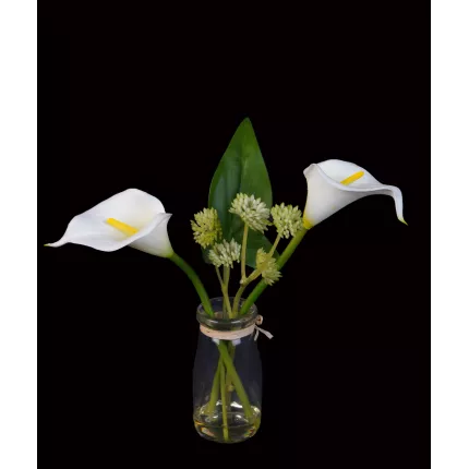 ARUM artificiel ou CALLA  artificiel en pot verre 20 cm blanc crème
