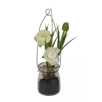 RENONCULE artificielle en pot verre à poser ou à suspendre 14 cm