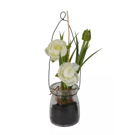 RENONCULE artificielle en pot verre à poser ou à suspendre 14 cm