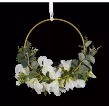 dos BOUQUET artificiel sur anneau doré de 20 cm de diamètre crème