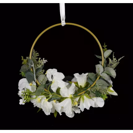 dos BOUQUET artificiel sur anneau doré de 20 cm de diamètre crème