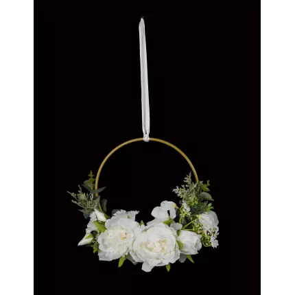 BOUQUET artificiel sur anneau doré de 20 cm de diamètre crème