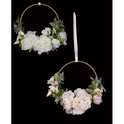 BOUQUET artificiel sur anneau doré de 20 cm de diamètre