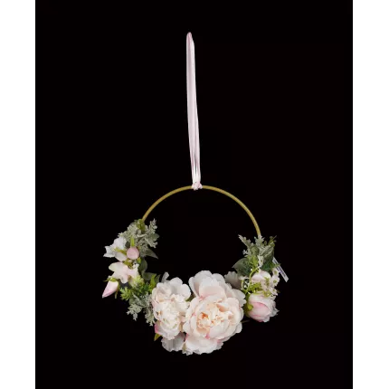 BOUQUET artificiel sur anneau doré de 20 cm de diamètre rose