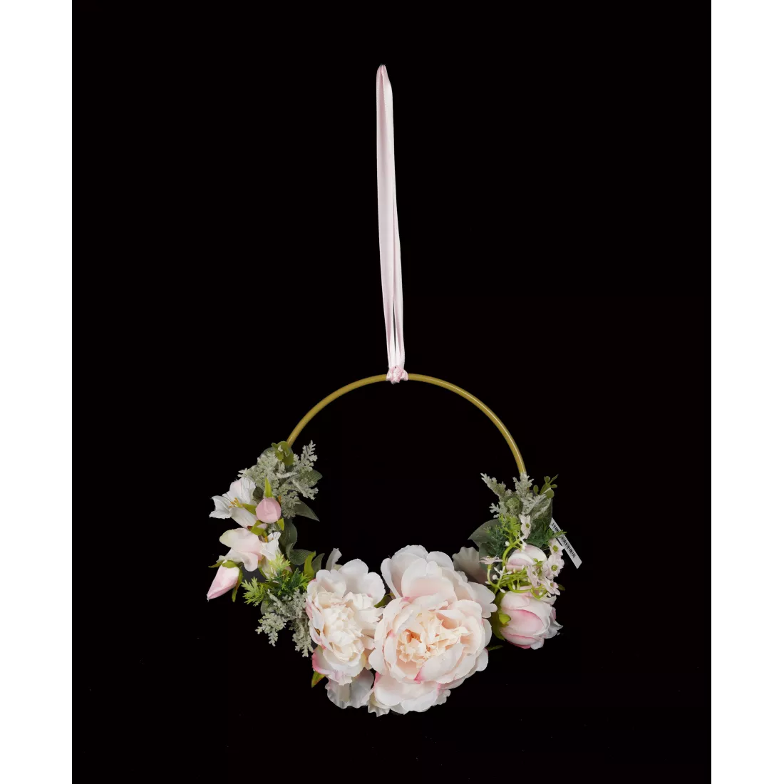 BOUQUET artificiel sur anneau doré de 20 cm de diamètre rose