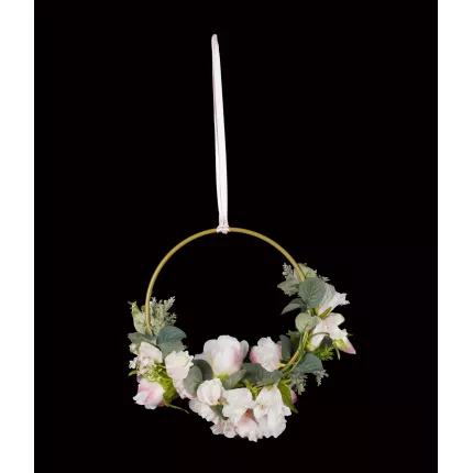 dos BOUQUET artificiel sur anneau doré de 20 cm de diamètre rose