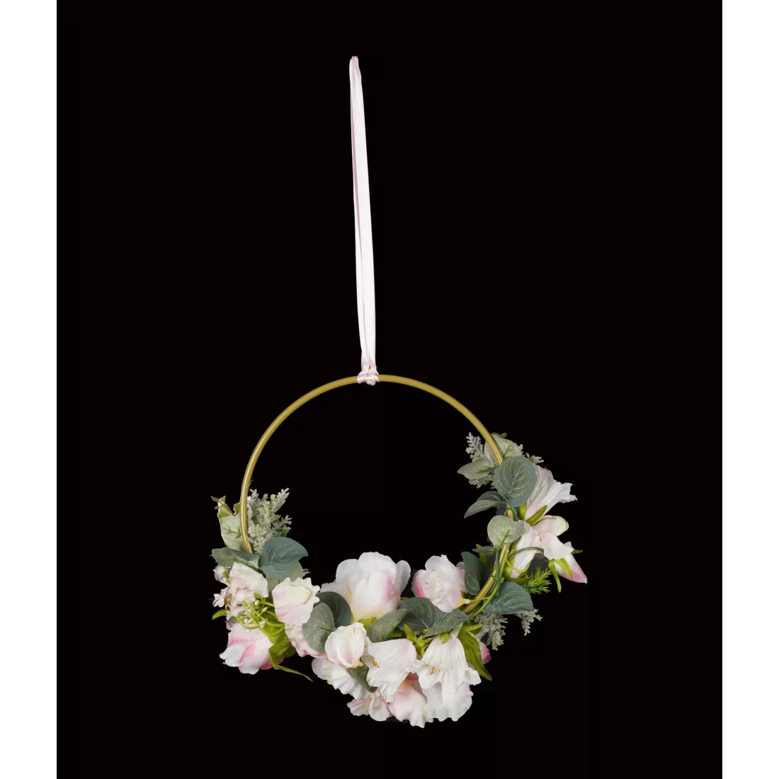 dos BOUQUET artificiel sur anneau doré de 20 cm de diamètre rose