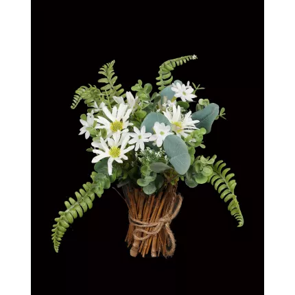 Bouquet champêtre artificiel sur fagot bois crème 24 cm