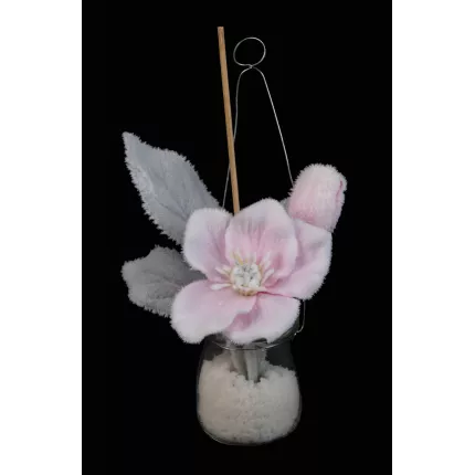 Hellebore artificielle en pot verre à poser ou à suspendre 23 cm rose