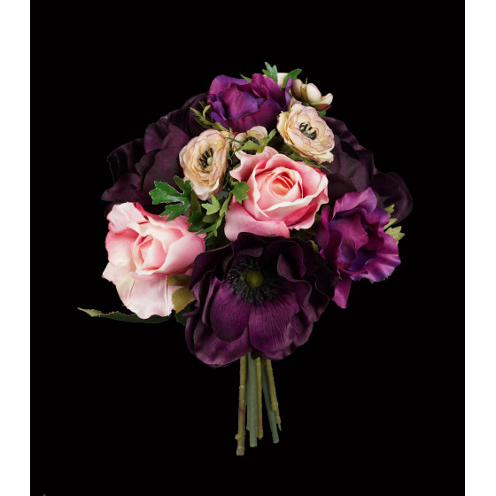 bouquet de ROSES, RENONCULES et ANEMONES artificiel 28 cm
