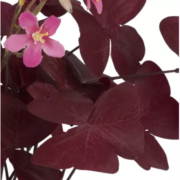 TREFLE OXALIS artificiel fleuri en pot 36 cm - détail feuillage bordeaux et fleur rose