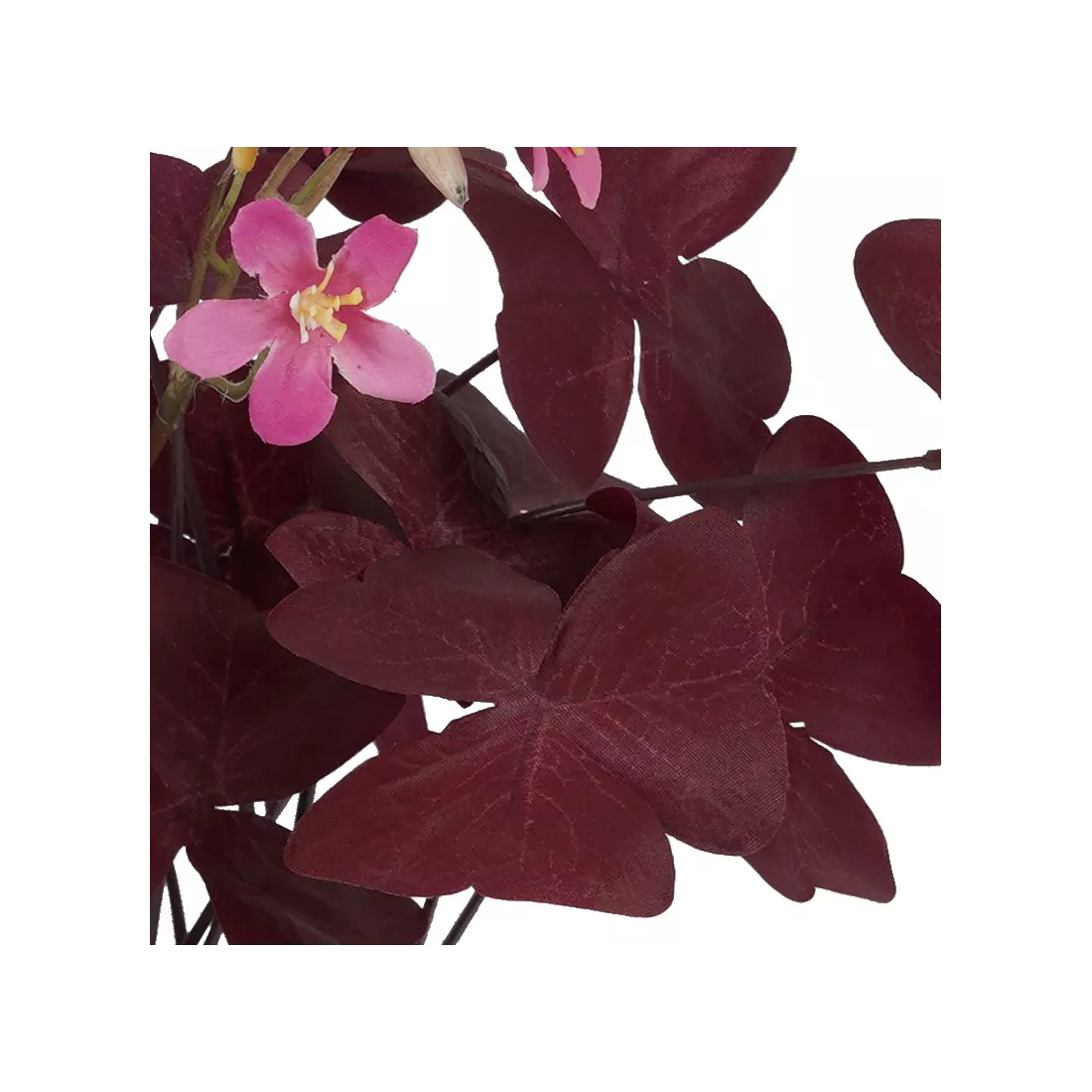 TREFLE OXALIS artificiel fleuri en pot 36 cm - détail feuillage bordeaux et fleur rose
