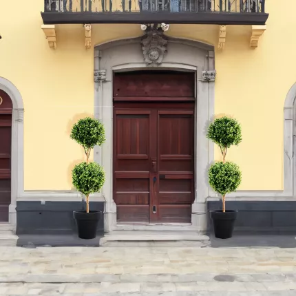 BUIS BOULE artificiel TIGE DOUBLE BOULE NEW  140 et 170 cm devant un porche