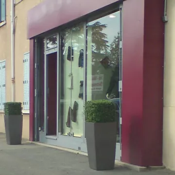 BUIS artificiel CARRE NEW 32 à 47 cm devant un magasin