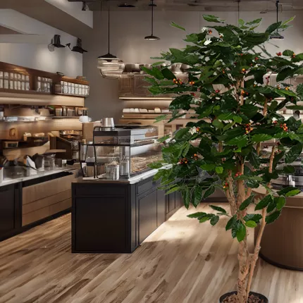 mis en situation CAFEIER artificiel FLEURS  TRONCS NOUEUX  150 et 175 cm dans un commerce