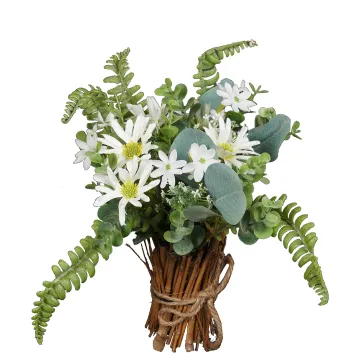 Bouquet champêtre artificiel sur fagot bois 24 cm