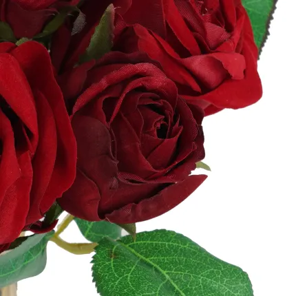 Bouquet artificiel de 8 roses rouges velours - détail feuilles et fleurs