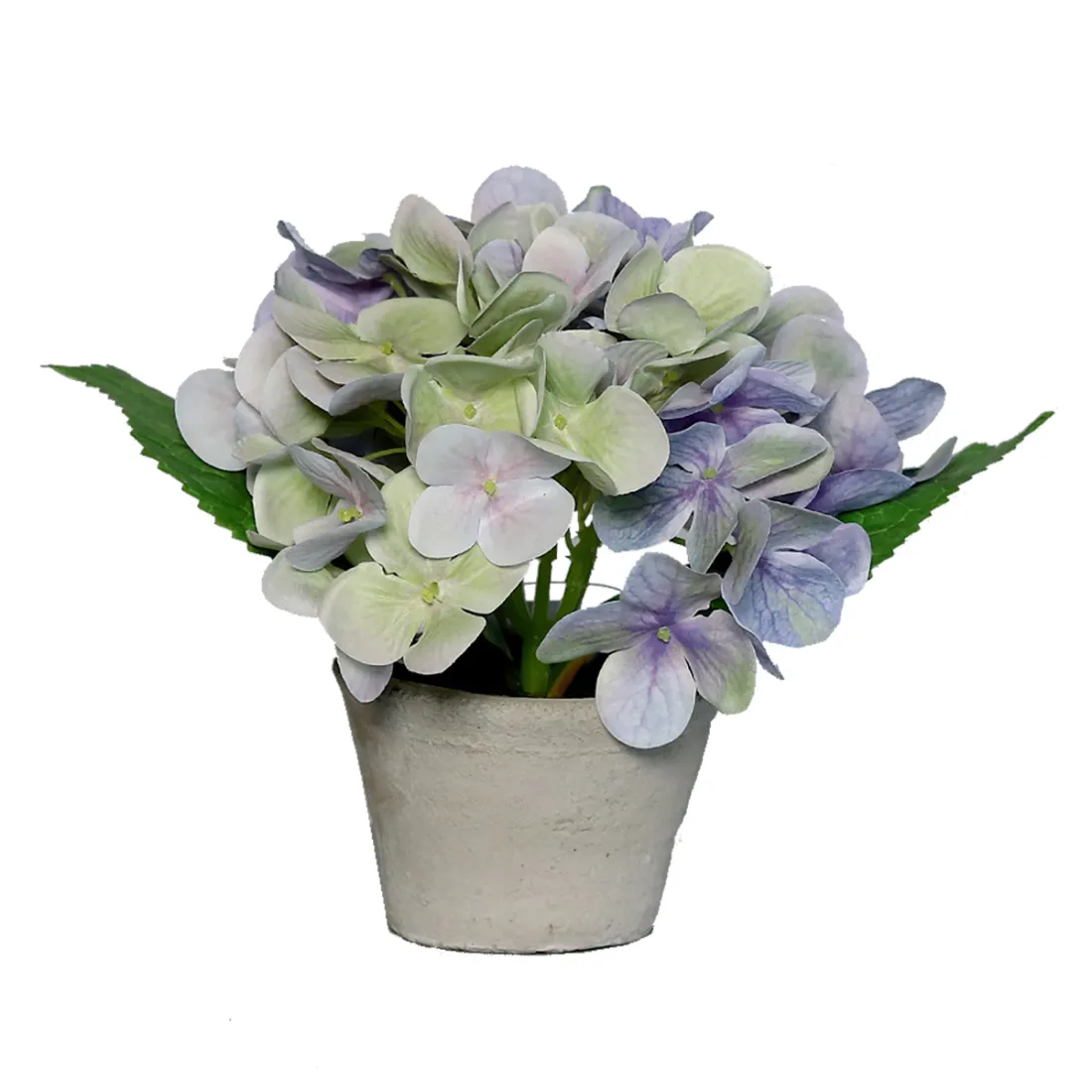HORTENSIA artificiel dégradé bleu violet vert 15 cm en pot - vu de face