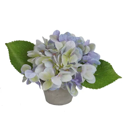 HORTENSIA artificiel 15 cm en pot - fleurons de coloris vert bleu violet