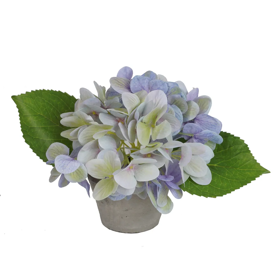 HORTENSIA artificiel 15 cm en pot - fleurons de coloris vert bleu violet