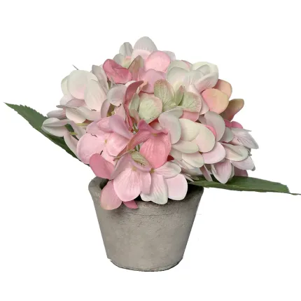 HORTENSIA artificiel dégradé rose et blanc 15 cm en pot - vu de face
