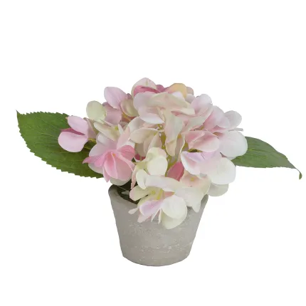 HORTENSIA artificiel 15 cm en pot - fleurons de coloris rose et blanc