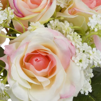 bouquet artificiel de ROSES et Gypsophiles 28 cm rose - détails
