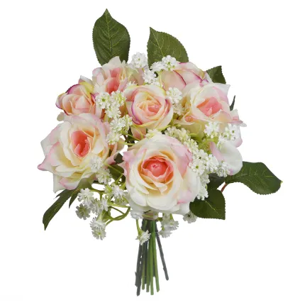 bouquet artificiel de ROSES et Gypsophiles 28 cm rose