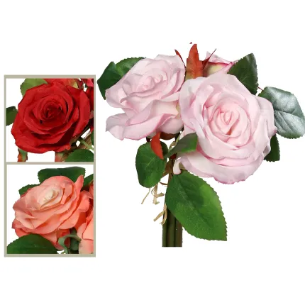 Bouquet artificiel de 3 roses 18 cm- 3 couleurs