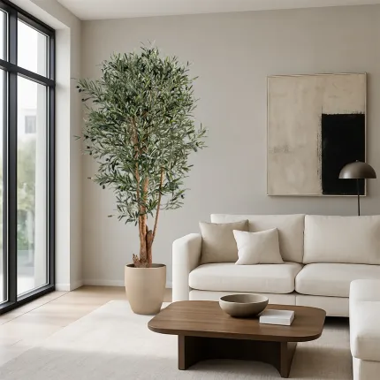 OLIVIER artificiel NEW tronc noueux 210 cm  (olives noires)  dans un salon