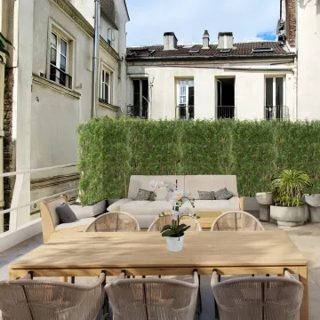 mise en situation HAIE artificielle EUCALYPTUS plastique 180 cm sur une terrasse