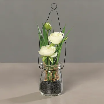 RENONCULE artificielle en pot verre à poser ou à suspendre 14 cm sur plan de travail