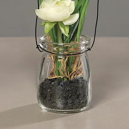 RENONCULE artificielle en pot verre à poser ou à suspendre 14 cm - pot