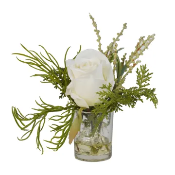composition rose blanche artificielle dans verrerie 17 cm