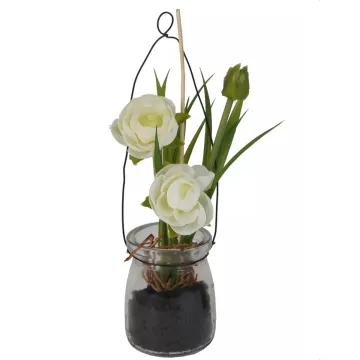 RENONCULE artificielle en pot verre à poser ou à suspendre 23 cm