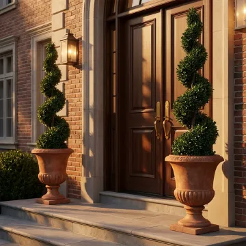 BUIS artificiel NEW spirale 130 et 160 cm - devant une porte d'entrée