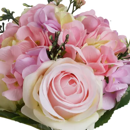 Composition fleurs artificielles roses et hortensias- détails
