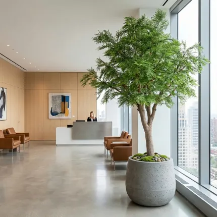 TAMARIN ( mimosa) artificiel 295 cm  ANTI FEU - dans un hall d'entreprise