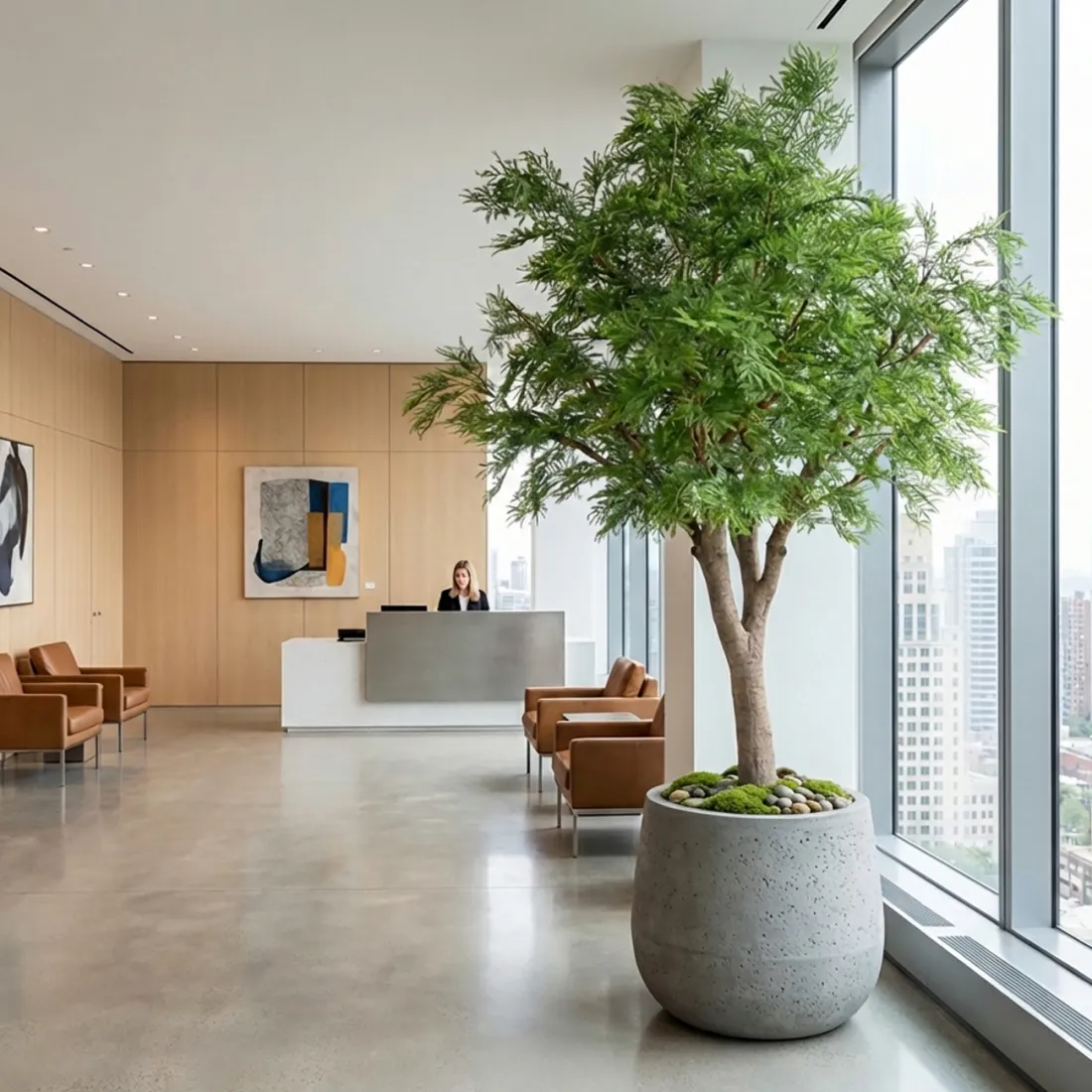 TAMARIN ( mimosa) artificiel 295 cm  ANTI FEU - dans un hall d'entreprise