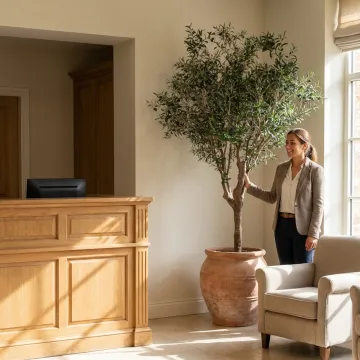 OLIVIER artificiel arbre 270 cm (olive noire) ignifugé - en situation dans un hall d'accueil hotel