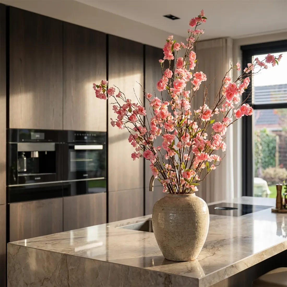 CERISIER artificiel multi branches 90 cm ANTI FEU - rose  dans une cuisine