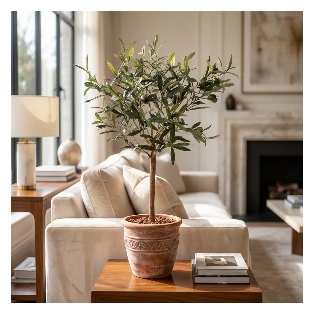 OLIVIER artificiel PLANT en pot 64 cm sur une table basse