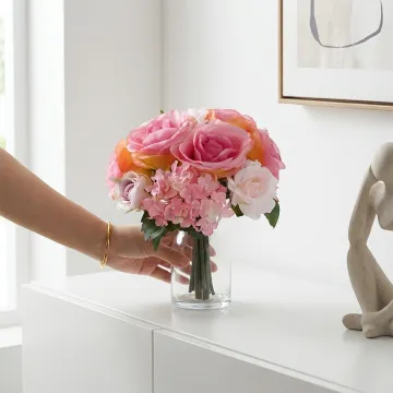 bouquet artificiel HORTENSIA et ROSE  30 cm - sur un buffet