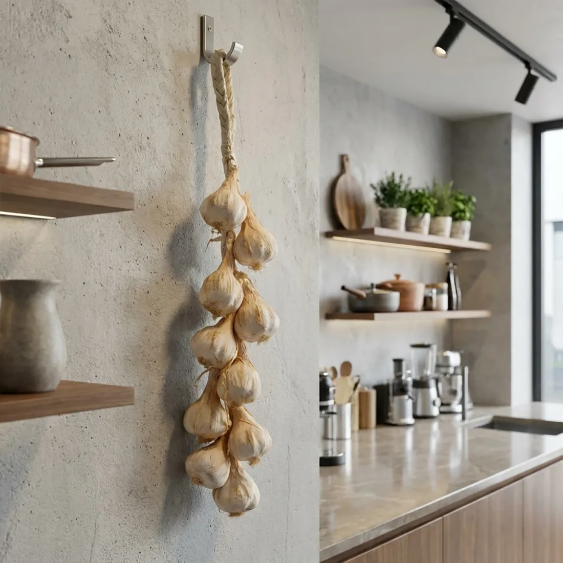 Tresse d'ail artificiel 50 cm - suspendu dans une cuisine