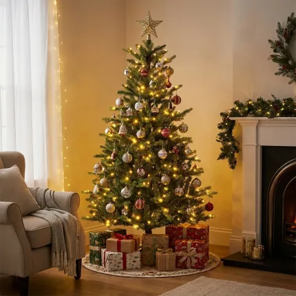 SAPIN artificiel Allison pré-illuminé 180 cm - dans un salon décoré